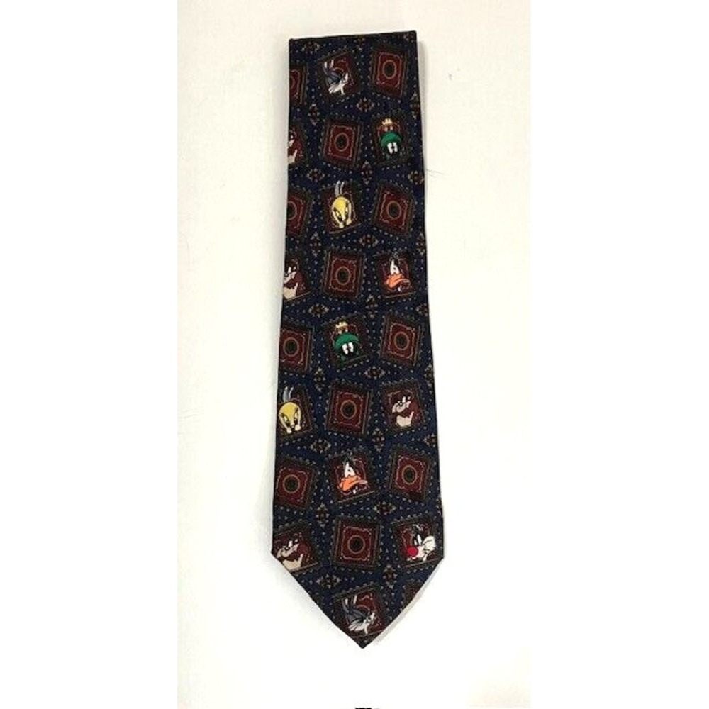VTG 1995 Looney Tunes Necktie Blue Red Orange Square Bugs Daffy‎ Tweety Taz